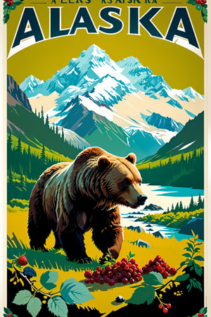//quality, (masterpiece:1.4), (detailed), ((,best quality,)),//highly detailed Travel poster of Alaska, mount Denali in background, A grizzly bear eating berries, with the text "ALASKA" at the top, big fonts,flat 2d image,mint color pallette, intricately detailed, best quality, digital art style, well defined outer edges, vintage travel poster, 