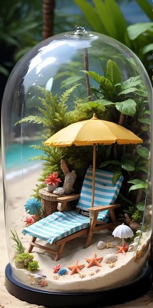 //quality, (masterpiece:1.4), (detailed), ((,best quality,)),//A mini beach inside a terrarium, beach chair, umbrella, on a table