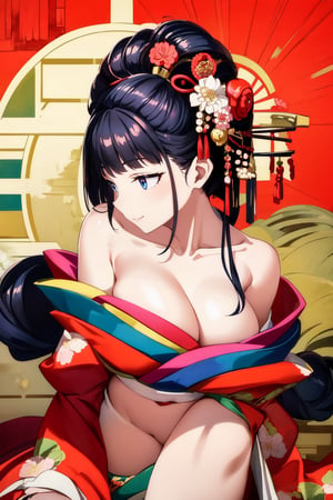 vibrant, detailed, high-resolution, artistic, Oiran, one Oiran, one women, Japanese courtesan, full face to the camera, facing the camera, look at the camera, Gorgeous kimono, bend over, lie on stomach, full head, sexy, low-cut kimonos, low-cut top, off-the-shoulder, open-shoulder, collar, blank background, white background, elaborate hairstyle, elegant posture, subtle makeup, refined gestures, historical Japanese setting, Edo period, cultural, historical, serene, colorful, ornate accessories, Phoenix pattern, floral patterns, silk fabrics, cultural heritage, Exquisite face