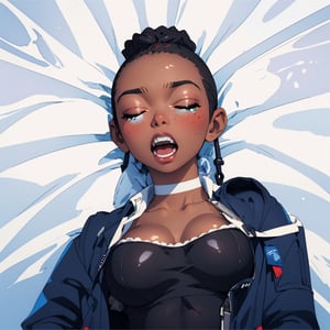 A portrait of a (20 year old black girl with closed eyes and an orgasmic expression), she is wearing an open blue jacket, open white shirt, and a white bra pulled up to expose her (large bare natural breasts), She has dark lipstick and a partially shaved head. 1girl, NSFW, masturbation, orgasm, (best quality, great quality),makeup,