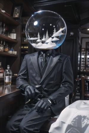 A waist up shot of a thin man sitting at a bar, wearing an all black suit with a clear glass snowglobe for a head. The snowglobe contains a miniature victorian house in a thunderstorm., snow globe as head,allblacksuit