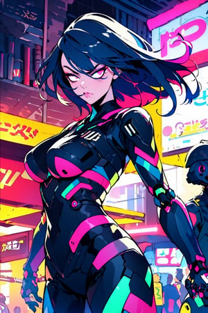 A (beautiful 20s punk japanese girl) with bright pink eyes, in a spikey dark purple mecha bodysuit with black glass panels, brass accents and neon tubes. She has a black undercut. She is holding a spear made of neon tubing in both hands, raised in a defensive pose. Defiant look, Fit body, large natural breasts. A dark, gotham type city with scattered lit neon signs in the background. Dark midnight sky. (masterpiece, best quality, ultra-detailed, photography, realistic, 8K) bodysuit,Masterpiece,robot,roblit,glowing,Makeup, neon