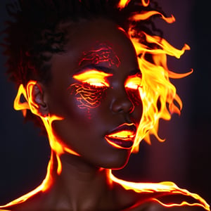A facial closeup of a beautiful 20 year old black woman in deep shadow, with lips made of fire, and a neon glow coming from inside of her skin, neonstyle