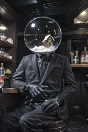 A waist up shot of a thin man sitting at a bar, wearing an all black suit with a clear glass snowglobe for a head. The snowglobe contains a miniature victorian house covered in snow., snow globe as head,allblacksuit