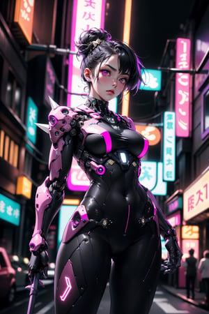 A (beautiful 20s punk japanese girl) with bright pink eyes, in a spikey dark purple hardsuit with black glass panels, brass accents and neon tubes. She has a black updo. She is holding a spear made of neon tubing in both hands, raised in a defensive pose. Defiant look, Fit body, large natural breasts. A dark, gotham type city with scattered lit neon signs in the background. Dark midnight sky. (masterpiece, best quality, ultra-detailed, photography, realistic, 8K) bodysuit,Masterpiece,robot,roblit,glowing,Makeup, neon