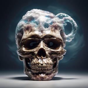 A realistic photograph of a transparent blown glass skull with clouds floating around inside, Extremely Realistic, Clear Glass Skin,r4w photo