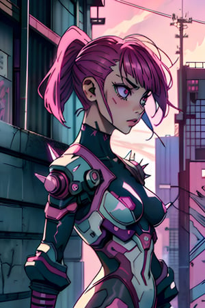 ((punk japanese girl)) with a fauxhawk in a tight dark purple bodysuit with pink highlights,  standing in front of a (spiky glass mech suit), defiant look,  Fit body,  natural breasts, Damaged modern city in the background. Sharp and clean lines, cartoon, bodysuit, zzmckzz, comic book,photo of perfecteyes eyes