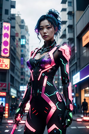 A (beautiful punk japanese girl) with bright pink eyes, in a spikey dark purple mecha bodysuit with glass panels and neon tubes, holding a spear made of neon tubing, action pose, Defiant look, Fit body, large natural breasts, damaged modern city in the background. (masterpiece, best quality, ultra-detailed, photography, realistic, 8K) bodysuit,Masterpiece,robot,roblit