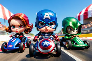A superdeformed image of Black Widow racing a black and red go kart. Big heads, colorful, fast, brightly lit,chibi, speed lines, wind.,3d toon style