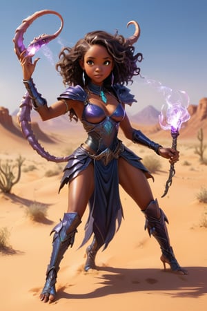 A cute black woman, 20s, a sorceress with iridescent armor, fighting giant scorpions in a desert. magic staff