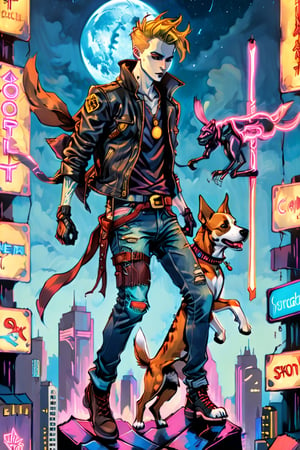 Tarot Card of The Fool, depicting a young man dressed in jeans and a leather jacket, with a katana on his back, and a dog with one roboticleg. They are running across the roof of a skyscraper at night, lit by neon signs. Tarot, cyberpunk style