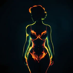 A shadowy woman with an hourglass figure wearing fire that looks like lingerie, neon style