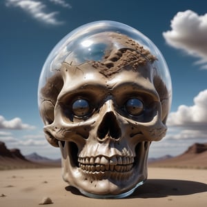 A realistic photograph of a transparent blown glass skull filled with dirt up to the eyes, with clouds floating through the skull above the eyes, Extremely Realistic, Clear Glass Skin,r4w photo,Clear Glass Skin,aw0k magnstyle