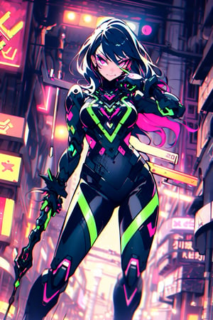 A (beautiful 20s punk japanese girl) with bright pink eyes, in a spikey dark purple mecha bodysuit with black glass panels, brass accents and neon tubes. She has a black undercut. She is holding a spear made of neon tubing in both hands, raised in a defensive pose. Defiant look, Fit body, large natural breasts. A dark, gotham type city with scattered lit neon signs in the background. Dark midnight sky. (masterpiece, best quality, ultra-detailed, photography, realistic, 8K) bodysuit,Masterpiece,robot,roblit,glowing,Makeup, neon
