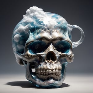 A realistic photograph of a transparent blown glass skull with clouds floating around inside, Extremely Realistic, Clear Glass Skin,r4w photo