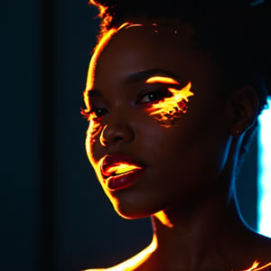 A facial closeup of a beautiful 20 year old black woman in deep shadow, with lips that look like fire, neonstyle