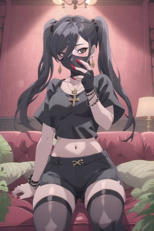 nier anime style illustration, best quality, masterpiece High resolution, good detail, bright colors, HDR, 4K. Dolby vision high.

Girl with long straight black hair, long twin pigtails, (hair covering one eye), black eyes, blushing, black cross-shaped earrings, black necklace, black bracelets on both wrists

Black crop top

small breasts  

Showing navel, exposed navel 

Black shorts 

Sheer black stockings 

Elegant punk style black boots 

Inside an elegant house with red walls and gothic retros on the wall 

Dark red sofa

Sitting





Selfie

Black face mask 

View from below