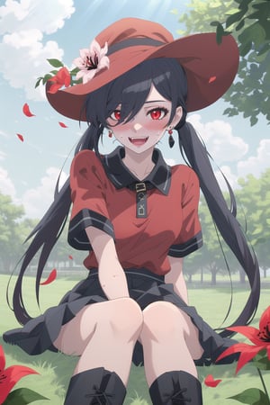 nier anime style illustration, best quality, masterpiece High resolution, good detail, bright colors, HDR, 4K. Dolby vision high. 

Girl with long straight black hair, long twin pigtails (hair covering one eye), red eyes, blushing, red earrings 

Short sleeve polo shirt (black color mixed with red color)

Gothic style black checkered skirt with chains   

black socks 

Ankle boots (black color mixed with red color)

inside a park 

She is under a leafy tree in the shade. 

Sunbeams between the trees 

clear blue sky 

Flirty smile (yandere smile). Happy, excited. Open mouth 

Showing fangs, exposed fangs  

Selfie 

Very sweaty

black Fedora hat with a red flower on the buckle

Sitting on the grass