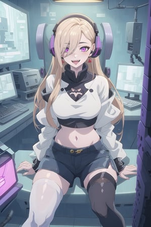 nier anime style illustration, best quality, masterpiece High resolution, good detail, bright colors, HDR, 4K. Dolby vision high.

Blonde girl with long straight hair (hair over her shoulders) (hair covering one eye), magenta eyes, freckles, blushing, gold earrings

Cyberpunk Short White Top 

Showing the navel, showing the navel

Black shorts 

Sheer black stockings 

White boots

Inside a futuristic cyberpunk style room 

blue walls

A desk with blue lights 

Holographic computer 


purple cyberpunk style headphones 

Flirty smile (yandere smile). Happy, excited. Open mouth 

showing fangs, exposed fangs 

showing fangs, exposed fangs 




view from below 

sitting

