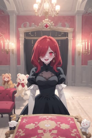 nier anime style illustration, best quality, masterpiece High resolution, good detail, bright colors, HDR, 4K. Dolby vision high.

Little redhead girl with long straight hair (hair covering one eye) (hair over shoulders), red cross-shaped earrings, red eyes, blushing

Elegant vintage British style Gothic Renaissance short dress

small breasts 

Sheer black stockings   

Elegant black British style boots 

Inside an elegant Victorian-style palace 

In a room full of stuffed animals, red walls, candles, chandeliers on the ceiling

A crimson-colored third-pile rug covering the entire floor  

A throne of gold embroidered with red

Flirty smile (yandere smile). Happy, excited. Open mouth 

Showing fangs, exposed fangs

Sitting 

Selfie