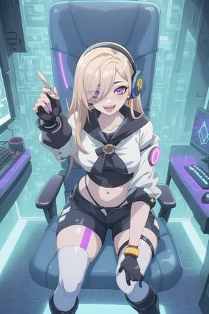 nier anime style illustration, best quality, masterpiece High resolution, good detail, bright colors, HDR, 4K. Dolby vision high.

Blonde girl with long straight hair (hair over her shoulders) (hair covering one eye), magenta eyes, freckles, blushing, gold earrings

Cyberpunk Short White Top 

Showing the navel, showing the navel

Black shorts 

Sheer black stockings 

White boots

Inside a futuristic cyberpunk style room 

blue walls

A desk with blue lights 

Holographic computer 

Gaming chair with futuristic style blue lights 

purple cyberpunk style headphones 

Flirty smile (yandere smile). Happy, excited. Open mouth 

Showing fangs, exposed fangs 

Selfie

Sitting

