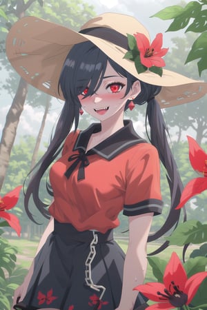 nier anime style illustration, best quality, masterpiece High resolution, good detail, bright colors, HDR, 4K. Dolby vision high. 

Girl with long straight black hair, long twin pigtails (hair covering one eye), red eyes, blushing, red earrings 

Short sleeve polo shirt (black color mixed with red color)

Gothic style black checkered skirt with chains   

black socks 

Ankle boots (black color mixed with red color)

inside a park 

She is under a leafy tree in the shade. 

Sunbeams between the trees 

clear blue sky 

Flirty smile (yandere smile). Happy, excited. Open mouth 

Showing fangs, exposed fangs  

Selfie 

Very sweaty

black Fedora hat with a red flower on the buckle