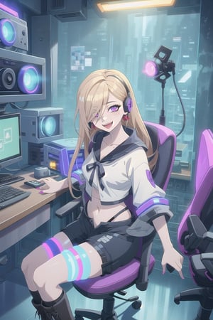 nier anime style illustration, best quality, masterpiece High resolution, good detail, bright colors, HDR, 4K. Dolby vision high.

Blonde girl with long straight hair (hair over her shoulders) (hair covering one eye), magenta eyes, freckles, blushing, gold earrings

Cyberpunk Short White Top 

Showing the navel, showing the navel

Black shorts 

Sheer black stockings 

White boots

Inside a futuristic cyberpunk style room 

blue walls

A desk with blue lights 

Holographic computer 

Gaming chair with futuristic style blue lights 

purple cyberpunk style headphones 

Flirty smile (yandere smile). Happy, excited. Open mouth 

showing fangs, exposed fangs 

showing fangs, exposed fangs 


Selfie

Sitting

