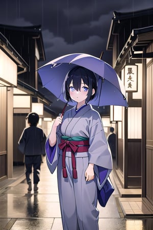 colorful image

18-year-old Japanese girl, short black hair, fringes that cover her eyes, purple eyes, wearing a gray fabric shirt and gray fabric pants. The clothing is traditional in style. On the streets of old Japan, at night, cloudy, rainy and stormy, a traditional Japanese kasa hat, a serious girl