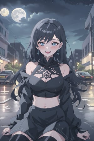 nier anime style illustration, best quality, masterpiece High resolution, good detail, bright colors, HDR, 4K. Dolby vision high. 

Girl with long straight black hair, blue eyes (hair on shoulders), blushing, blue earrings 

Black gothic crop top  

medium breasts

Showing navel, exposed navel

Short black gothic skirt with chains

black socks

Elegant black boots 

Flirty smile (yandere smile). Happy, excited. Open mouth

Showing fangs, exposed fangs 

Selfie 

black sky at night  

waning moon 

Inside the streets of London 

Street wet from recent rain

Sitting on the street sidewalk
