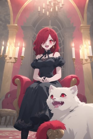 nier anime style illustration, best quality, masterpiece High resolution, good detail, bright colors, HDR, 4K. Dolby vision high.

Little redhead girl with long straight hair (hair covering one eye) (hair over shoulders), red cross-shaped earrings, red eyes, blushing

Elegant vintage British style Gothic Renaissance short dress

small breasts 

Sheer black stockings   

Elegant black British style boots 

Inside an elegant Victorian-style palace 

In a room with red walls, candles, chandeliers on the ceiling

A throne of gold embroidered with red

Flirty smile (yandere smile). Happy, excited. Open mouth 

Showing fangs, exposed fangs
Showing fangs, exposed fangs


Sitting 

Selfie  

(dark red hair)