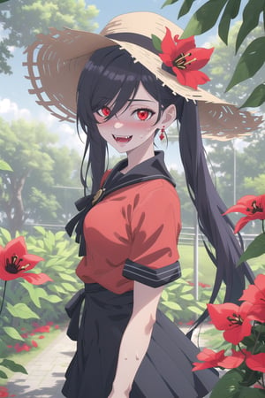 nier anime style illustration, best quality, masterpiece High resolution, good detail, bright colors, HDR, 4K. Dolby vision high. 

Girl with long straight black hair, long twin pigtails (hair covering one eye), red eyes, blushing, red earrings 

Short sleeve polo shirt (black color mixed with red color)

Gothic style black checkered skirt with chains   

black socks 

Ankle boots (black color mixed with red color)

inside a park 

She is under a leafy tree in the shade. 

Sunbeams between the trees 

clear blue sky 

Flirty smile (yandere smile). Happy, excited. Open mouth 

Showing fangs, exposed fangs  

Selfie 

Very sweaty

black Fedora hat with a red flower on the buckle