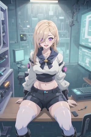 nier anime style illustration, best quality, masterpiece High resolution, good detail, bright colors, HDR, 4K. Dolby vision high.

Blonde girl with long straight hair (hair over her shoulders) (hair covering one eye), magenta eyes, freckles, blushing, gold earrings

Cyberpunk Short White Top 

Showing the navel, showing the navel

Black shorts 

Sheer black stockings 

White boots

Inside a futuristic cyberpunk style room 

blue walls

A desk with blue lights 

Holographic computer 


purple cyberpunk style headphones 

Flirty smile (yandere smile). Happy, excited. Open mouth 


showing fangs, exposed fangs 





sitting

