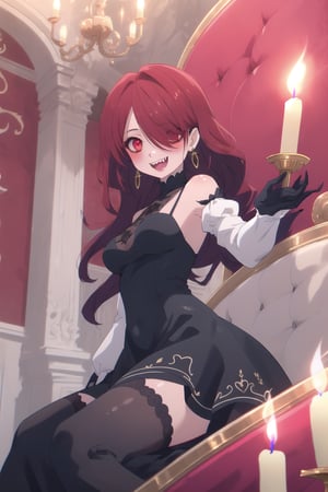 nier anime style illustration, best quality, masterpiece High resolution, good detail, bright colors, HDR, 4K. Dolby vision high.

Little redhead girl with long straight hair (hair covering one eye) (hair over shoulders), red cross-shaped earrings, red eyes, blushing

Elegant vintage British style Gothic Renaissance short dress

small breasts 

Sheer black stockings   

Elegant black British style boots 

Inside an elegant Victorian-style palace 

In a room with red walls, candles, chandeliers on the ceiling

A throne of gold embroidered with red

Flirty smile (yandere smile). Happy, excited. Open mouth 

Showing fangs, exposed fangs
Showing fangs, exposed fangs


Sitting 

Selfie  

(dark red hair)