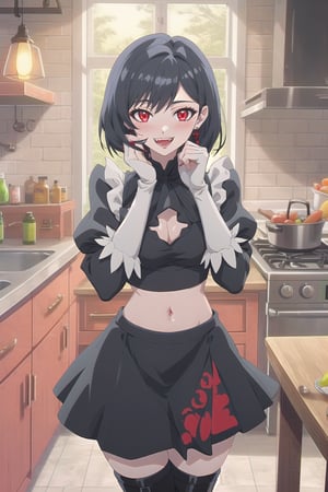 nier anime style illustration, best quality, masterpiece High resolution, good detail, bright colors, HDR, 4K. Dolby vision high.

Girl with short straight black hair, red eyes, blushing, red earrings  

Maid style crop top 

Showing navel, exposed navel 

Elegant maid style skirt 

black stockings 

British style black boots  

Inside a steampunk style mansion 

In a stylish stempunk kitchen

crimson walls 

Fruits, meat, wooden table

Flirty smile (yandere smile). Happy, excited. Open mouth 

Showing fangs, exposed fangs 

(A hand on the face)
