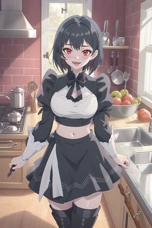 nier anime style illustration, best quality, masterpiece High resolution, good detail, bright colors, HDR, 4K. Dolby vision high.

Girl with short straight black hair, red eyes, blushing, red earrings  

Maid style crop top 

Showing navel, exposed navel 

Elegant maid style skirt 

black stockings 

British style black boots  

Inside a steampunk style mansion 

In a stylish stempunk kitchen

crimson walls 

Fruits, meat, kitchen utensils on a wooden table

Flirty smile (yandere smile). Happy, excited. Open mouth 

Showing fangs, exposed fangs