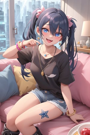  best quality, masterpiece High resolution, good detail, bright colors, HDR, 4K. Dolby vision high, perfect eyes

Girl with long straight black hair, long twin pigtails, navy blue eyes (hair covering one eye), blushing, blue earrings, navy blue bracelet on her wrist, tattoos all over her body, necklace with a sapphire 

A black short sleeve t-shirt with a blue star on the t-shirt 

Navy blue denim shorts 

Sheer black stockings



Inside a futuristic cyberpunk style house 
Black British style boots


Sunrise

Intense sun rays coming through the window 

Elegant navy blue sofa 

Sitting 
Selfie 

Flirty smile (yandere smile). Happy, excited. open mouth 

Showing fangs, exposed fangs