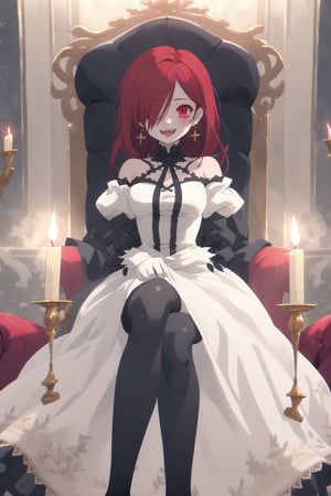 nier anime style illustration, best quality, masterpiece High resolution, good detail, bright colors, HDR, 4K. Dolby vision high.

Little redhead girl with long straight hair (hair covering one eye) (hair over shoulders), red cross-shaped earrings, red eyes, blushing

Elegant vintage British style Gothic Renaissance short dress

small breasts 

Sheer black stockings   

Elegant black British style boots 

Inside an elegant Victorian-style palace 

In a room with red walls, 

Candles

A throne of gold embroidered with red

Flirty smile (yandere smile). Happy, excited. Open mouth 

Showing fangs, exposed fangs

Sitting 

Selfie  

(dark red hair)