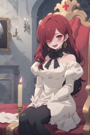 nier anime style illustration, best quality, masterpiece High resolution, good detail, bright colors, HDR, 4K. Dolby vision high.

Little redhead girl with long straight hair (hair covering one eye) (hair over shoulders), red cross-shaped earrings, red eyes, blushing

Elegant vintage British style Gothic Renaissance short dress

small breasts 

Sheer black stockings   

Elegant black British style boots 

Inside an elegant Victorian-style palace 

In a room with red walls, 

Candles

A throne of gold embroidered with red

Flirty smile (yandere smile). Happy, excited. Open mouth 

Showing fangs, exposed fangs

Sitting 

Selfie  

(dark red hair)