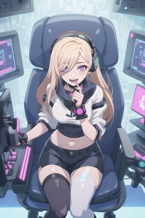 nier anime style illustration, best quality, masterpiece High resolution, good detail, bright colors, HDR, 4K. Dolby vision high.

Blonde girl with long straight hair (hair over her shoulders) (hair covering one eye), magenta eyes, freckles, blushing, gold earrings

Cyberpunk Short White Top 

Showing the navel, showing the navel

Black shorts 

Sheer black stockings 

White boots

Inside a futuristic cyberpunk style room 

blue walls

A desk with blue lights 

Holographic computer 

Gaming chair with futuristic style blue lights 

purple cyberpunk style headphones 

Flirty smile (yandere smile). Happy, excited. Open mouth 

showing fangs, exposed fangs 

showing fangs, exposed fangs 


Selfie

Sitting

