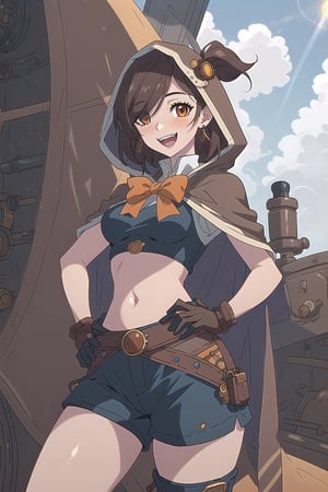 nier anime style illustration, best quality, masterpiece High resolution, good detail, bright colors, HDR, 4K. Dolby vision high, perfect eyes

Girl with long, straight dark brown hair (hair on shoulders) (hair covering one eye), brown eyes, blushing, orange earrings 

Elegant white steampunk style crop top 

Showing navel, exposed navel

black bow 

small breasts  

Steampunk dark brown shorts  

British style steampunk black boots  

Dark brown cape

dog hood 

Hooded 


Selfie

Flirty smile (yandere smile). Happy, excited. Open mouth 

Showing fangs, exposed fangs 

Inside an airship that is in the sky 

blue sky with clouds 

Intense sun rays on the window

(Hand on hip)

Dark brown steampunk gloves