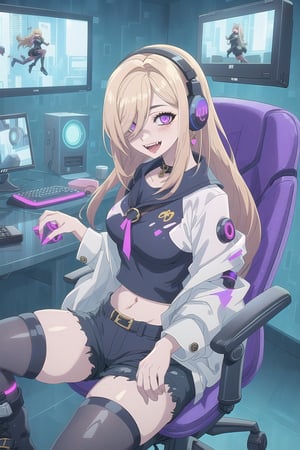 nier anime style illustration, best quality, masterpiece High resolution, good detail, bright colors, HDR, 4K. Dolby vision high.

Blonde girl with long straight hair (hair over her shoulders) (hair covering one eye), magenta eyes, freckles, blushing, gold earrings

Cyberpunk Short White Top 

Showing the navel, showing the navel

Black shorts 

Sheer black stockings 

White boots

Inside a futuristic cyberpunk style room 

blue walls

A desk with blue lights 

Holographic computer 

Gaming chair with futuristic style blue lights 

purple cyberpunk style headphones 

Flirty smile (yandere smile). Happy, excited. Open mouth 

showing fangs, exposed fangs 

showing fangs, exposed fangs 


Selfie

Sitting

