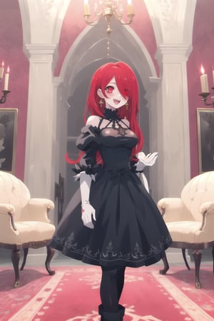 nier anime style illustration, best quality, masterpiece High resolution, good detail, bright colors, HDR, 4K. Dolby vision high.

Little redhead girl with long straight hair (hair covering one eye) (hair over shoulders), red cross-shaped earrings, red eyes, blushing

Elegant vintage British style Gothic Renaissance short dress

small breasts 

Sheer black stockings   

Elegant black British style boots 

Inside an elegant Victorian-style palace 

In a room full of stuffed animals, red walls, candles, chandeliers on the ceiling

A crimson-colored third-pile rug covering the entire floor  

A throne of gold embroidered with red

Flirty smile (yandere smile). Happy, excited. Open mouth 

Showing fangs, exposed fangs