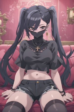 nier anime style illustration, best quality, masterpiece High resolution, good detail, bright colors, HDR, 4K. Dolby vision high.

Girl with long straight black hair, long twin pigtails, (hair covering one eye), black eyes, blushing, black cross-shaped earrings, black necklace, black bracelets on both wrists

Black crop top

small breasts  

Showing navel, exposed navel 

Black shorts 

Sheer black stockings 

Elegant punk style black boots 

Inside an elegant house with red walls and gothic retros on the wall 

Dark red sofa

Sitting





Selfie

Black face mask 
