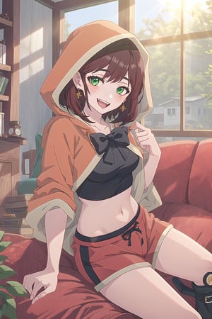 nier anime style illustration, best quality, masterpiece High resolution, good detail, bright colors, HDR, 4K. Dolby vision high. 

Little Red Riding Hood (short straight brown hair, green eyes, freckles, blushing, green earrings)

Red steampunk style crop top 

Showing breasts, exposed breasts 

Showing navel, exposed navel 

small breasts 

Black booties 

Black bow on the chest 

Flirty smile (yandere smile). Happy, excited. Open mouth

Showing long fangs, long exposed fangs 

Inside an old fairy tale style log cabin 
 
Red sofa by the window

Sitting 

Selfie  

Hooded 

Red hood 

Red shorts 

Sunrise 

Intense sun rays