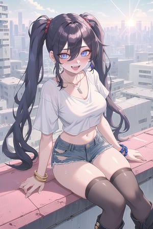  best quality, masterpiece High resolution, good detail, bright colors, HDR, 4K. Dolby vision high, perfect eyes

Jirai kei girl with long straight black hair, long twin pigtails, (hair covering one eye), navy blue eyes, blushing, navy blue earrings, black bracelet, necklace with a sapphire 

Cyberpunk Style Navy Blue Short Sleeve Crop T-Shirt

medium breasts

Showing navel, exposed navel 

black cyberpunk denim shorts 

Sheer black stockings

British style black ankle boots 

Inside a cyberpunk city 

On the roof of a building

Sitting 

Selfie 

clear blue sky 

Sunrise

Intense sun rays 

hot day 

She is very sweaty

jirai kei makeup

Flirty smile (yandere smile). Happy, excited. open mouth 

Showing fangs, exposed fangs