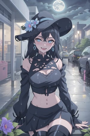nier anime style illustration, best quality, masterpiece High resolution, good detail, bright colors, HDR, 4K. Dolby vision high. 

Girl with long straight black hair, blue eyes (hair on shoulders), blushing, blue earrings 

Black gothic crop top  

medium breasts

Showing navel, exposed navel

 black gothic skirt with chains

black socks

Elegant black boots 

Flirty smile (yandere smile). Happy, excited. Open mouth

Showing fangs, exposed fangs 

Selfie 

black sky at night  

waning moon 

Inside the streets of London 

Street wet from recent rain

Sitting on the street sidewalk

Fedora hat with a blue flower on the buckle