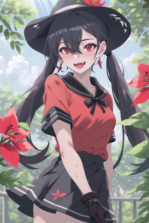 nier anime style illustration, best quality, masterpiece High resolution, good detail, bright colors, HDR, 4K. Dolby vision high. 

Girl with long straight black hair, long twin pigtails (hair covering one eye), red eyes, blushing, red earrings 

Short sleeve polo shirt (black color mixed with red color)

Gothic style black checkered skirt with chains   

black socks 

Ankle boots (black color mixed with red color)

inside a park 

She is under a leafy tree in the shade. 

Sunbeams between the trees 

clear blue sky 

Flirty smile (yandere smile). Happy, excited. Open mouth 

Showing fangs, exposed fangs  

Selfie 

Very sweaty

Fedora hat with a red flower on the buckle