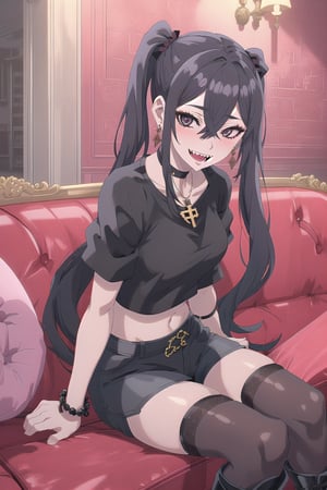 nier anime style illustration, best quality, masterpiece High resolution, good detail, bright colors, HDR, 4K. Dolby vision high.

Girl with long straight black hair, long twin pigtails, (hair covering one eye), black eyes, blushing, black cross-shaped earrings, black necklace, black bracelets on both wrists

Black crop top

small breasts  

Showing navel, exposed navel 

Black shorts 

Sheer black stockings 

Elegant punk style black boots 

Inside an elegant house with red walls and gothic retros on the wall 

Dark red sofa

Sitting

Flirty smile (yandere smile). Happy, excited. Open mouth 

Showing fangs, exposed fangs 

Selfie
