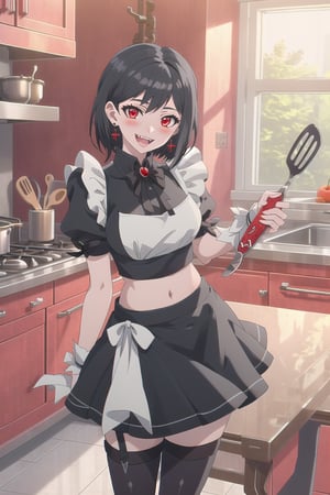 nier anime style illustration, best quality, masterpiece High resolution, good detail, bright colors, HDR, 4K. Dolby vision high.

Girl with short straight black hair, red eyes, blushing, red earrings  

Maid style crop top 

Showing navel, exposed navel 

Elegant maid style skirt 

black stockings 

British style black boots  

Inside a steampunk style mansion 

In a stylish stempunk kitchen

crimson walls 

Fruits, meat, kitchen utensils on a wooden table

Flirty smile (yandere smile). Happy, excited. Open mouth 

Showing fangs, exposed fangs