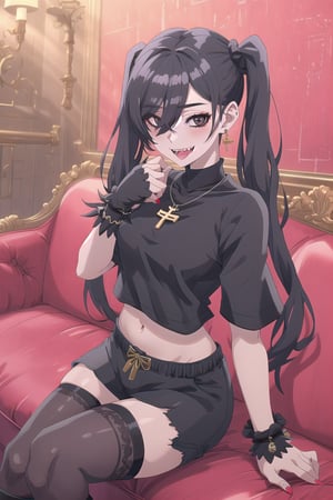 nier anime style illustration, best quality, masterpiece High resolution, good detail, bright colors, HDR, 4K. Dolby vision high.

Girl with long straight black hair, long twin pigtails, (hair covering one eye), black eyes, blushing, black cross-shaped earrings, black necklace, black bracelets on both wrists

Black crop top

small breasts  

Showing navel, exposed navel 

Black shorts 

Sheer black stockings 

Elegant punk style black boots 

Inside an elegant house with red walls and gothic retros on the wall 

Dark red sofa

Sitting

Flirty smile (yandere smile). Happy, excited. Open mouth 

Showing fangs, exposed fangs 

Selfie

Black face mask 